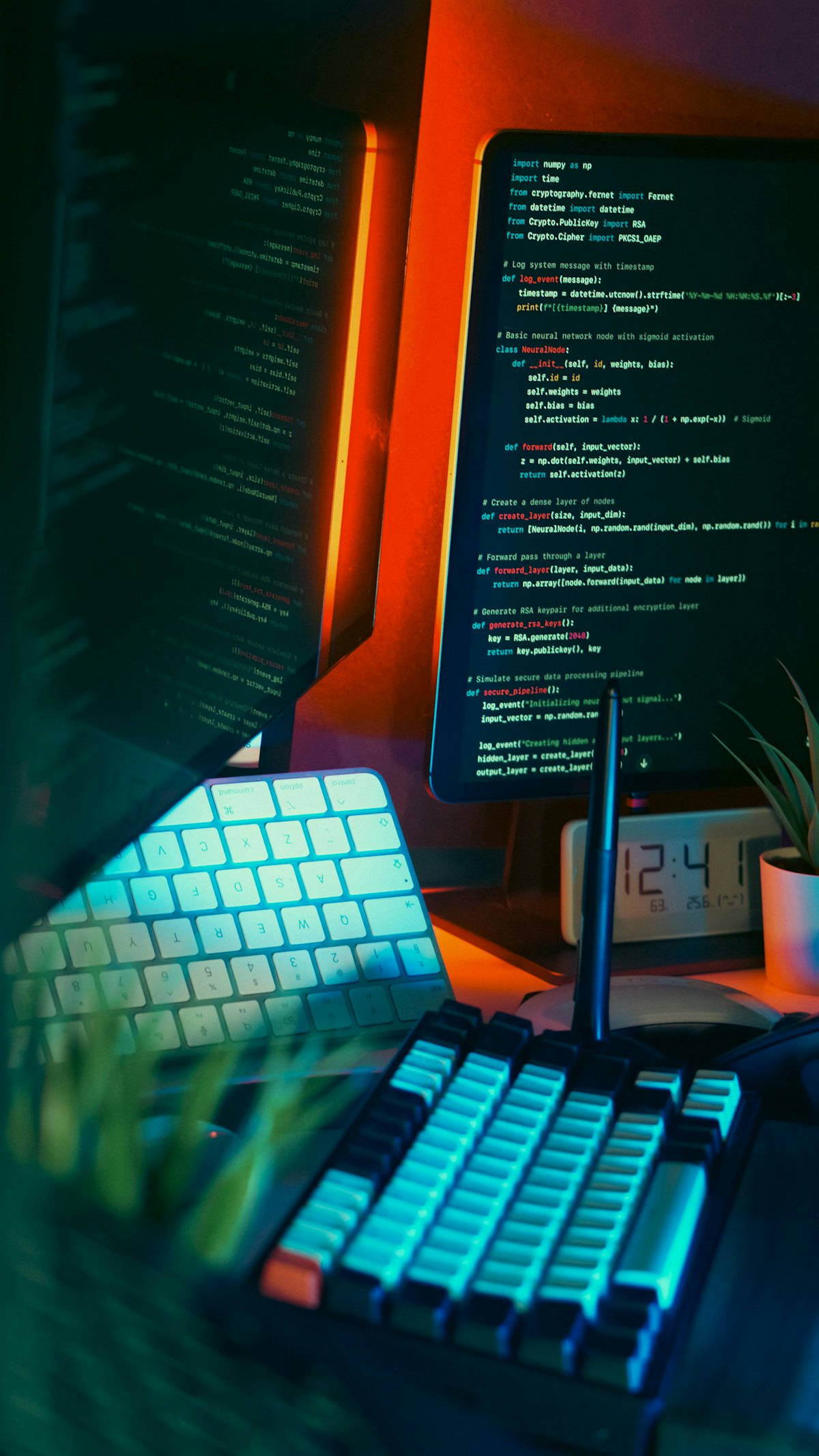 A developer's multi-monitor workstation displaying source code beside a mechanical keyboard.
